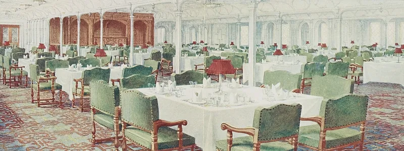 La tr&egrave;s grande salle &agrave; man,ger de premi&egrave;re classe du Titanic, repr&eacute;sent&eacute;e sur un dessin promotionnel.