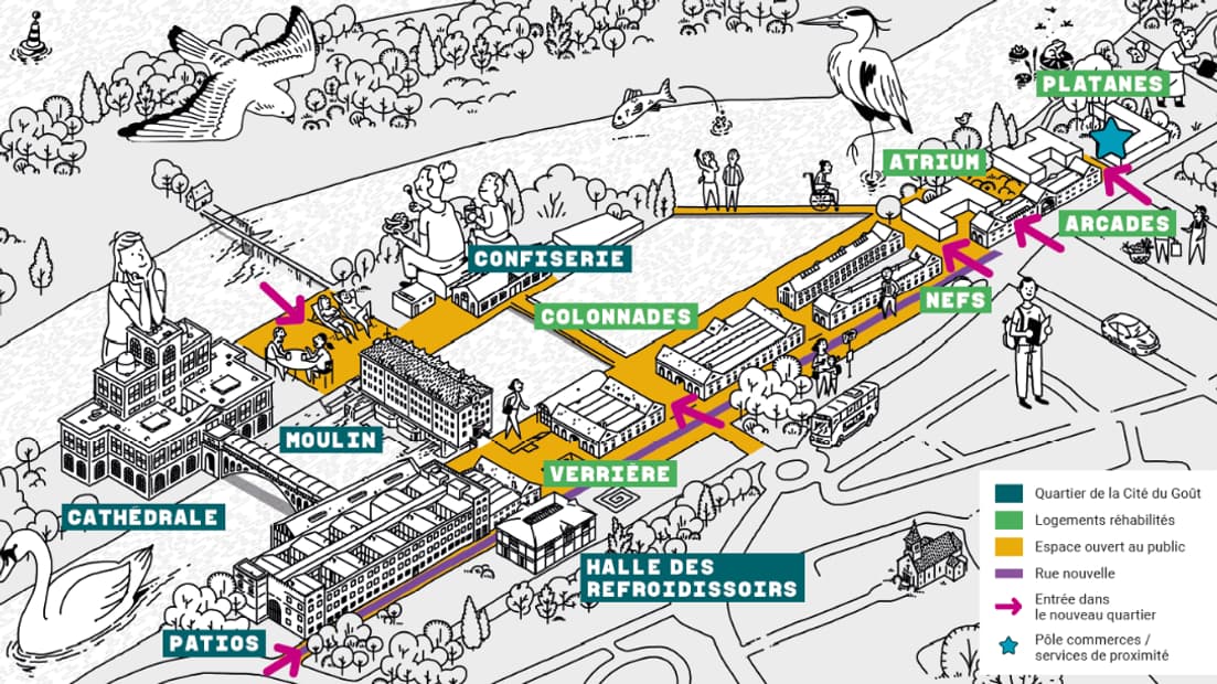 Vue sch&eacute;matique du futur quartier de la chocolaterie sur les bords de Marne &agrave; Noisiel (Seine-et-Marne)