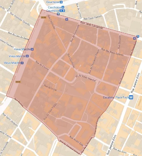 Le p&eacute;rim&egrave;tre englobe le quartier de la place du Vieux-March&eacute;, lieu o&ugrave; se trouve le bar identitaire