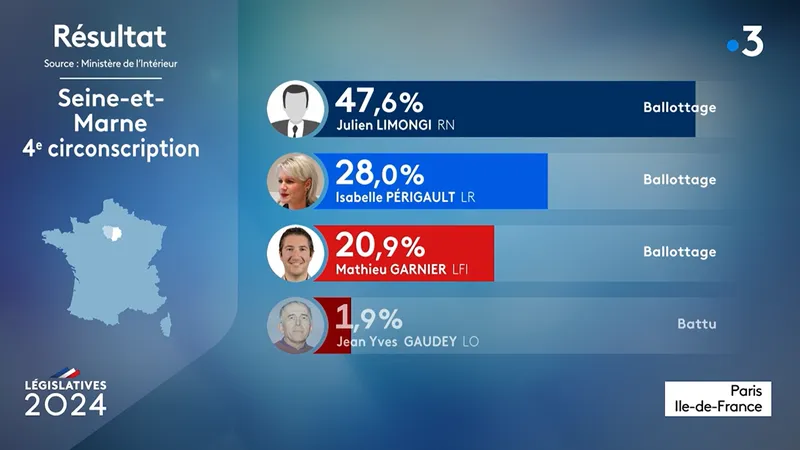 , CARTE. R&eacute;sultats premier tour des l&eacute;gislatives 2024 en Seine-et-Marne : une vague bleue d&eacute;ferle sur le d&eacute;partement