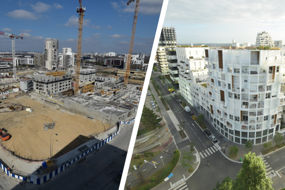 Vue aérienne du même endroit du quartier des Grésillons en 2021 (à gauche) et en 2024 (à droite)