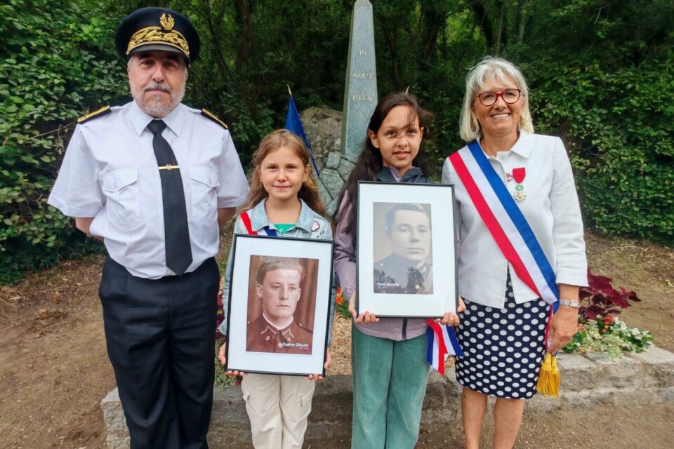 Les portraits des deux r&eacute;sistants Marssin et Collau port&eacute;s par les jeunes du conseil des enfants de Saint-Pierre