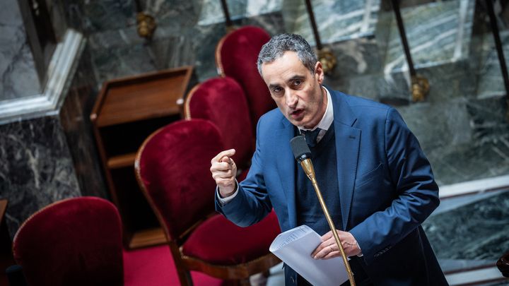 Nicolas Thierry, député du groupe écologiste et rapporteur de la proposition de loi pour interdire l’usage des PFAS dans nos produits du quotidien, prend la parole à l’Assemblée nationale le 24 avril 2024; (XOSE BOUZAS / HANS LUCAS)