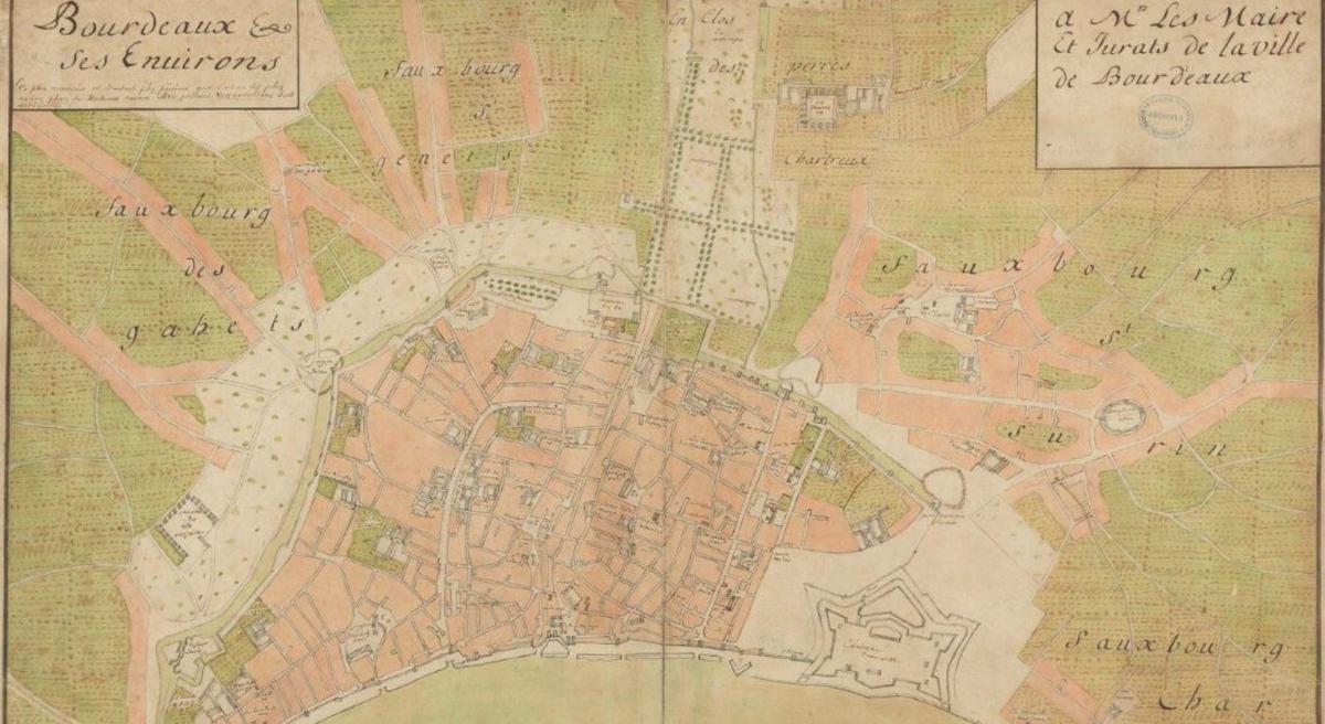 Sur ce plan dat&eacute; de la fin du XVIIe&nbsp;si&egrave;cle, intitul&eacute; &laquo;&nbsp;Bourdeaux & ses Environs / Albert Jouvin de Rochefort&nbsp;&raquo;, figure l&rsquo;enclos Guiraud, l&rsquo;h&ocirc;pital des pestif&eacute;r&eacute;s, sur la route qui deviendra la rue Saint-Jean puis le cours de la Marne.