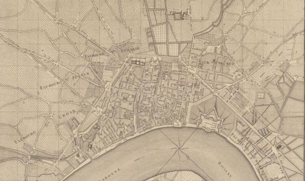 Sur ce &laquo;&nbsp;Plan de la Ville et Faubourgs de Bordeaux&nbsp;&raquo;, r&eacute;alis&eacute; vers 1760 (s.n. -&nbsp;Paris&nbsp;: Jean Lattr&eacute;), figure la grande rue Saint-Jean trac&eacute;e par Tourny.