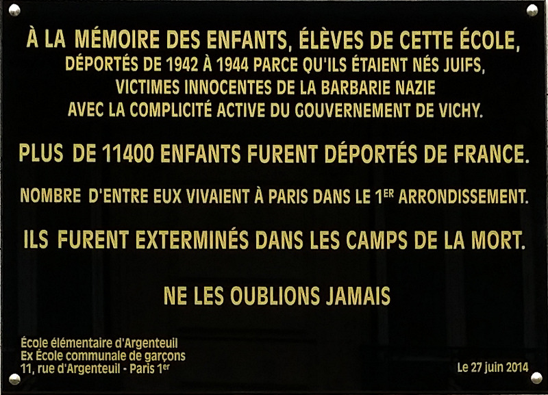 Plaque en hommage aux enfants juifs - Ecole rue d'Argenteuil