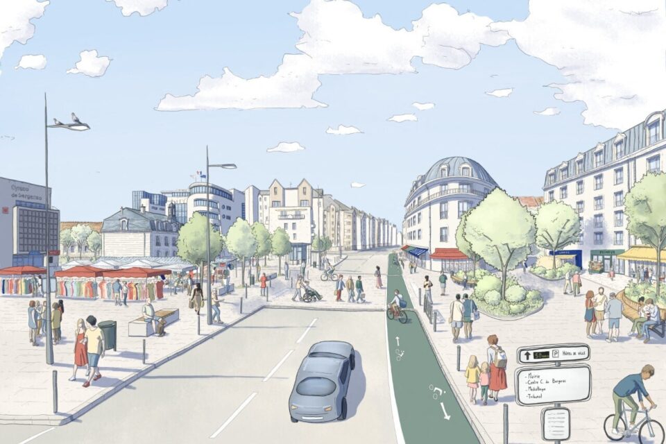 Vue d'artiste de la place et de l'avenue du Général-Leclerc.