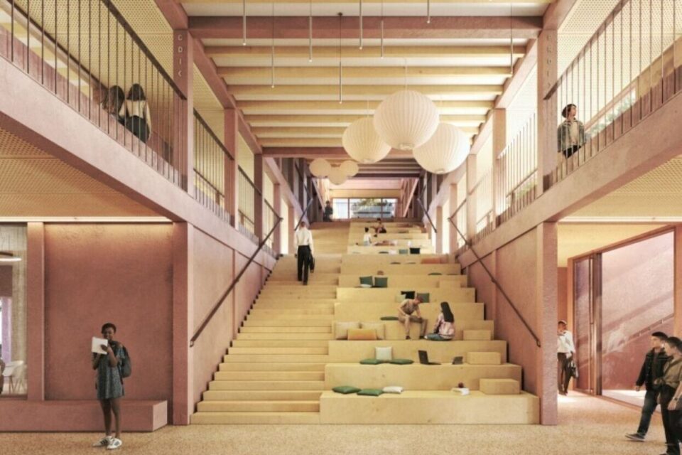 &Agrave; l'int&eacute;rieur, le hall accueillera un escalier gradin de 120 places, ainsi que des espaces de convivialit&eacute; int&eacute;gr&eacute;s dans la structure du b&acirc;timent.