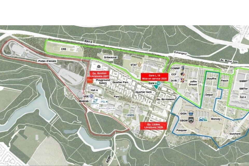 La transformation du quartier Satory avec les militaires (vert), les gendarmes (bleu) et le quartier recherches et d&eacute;veloppement (rouge).