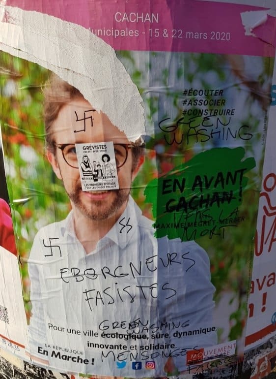 , Val-de-Marne. Municipales : &agrave; Cachan, les affiches du candidat LREM tagu&eacute;es de symboles nazis
