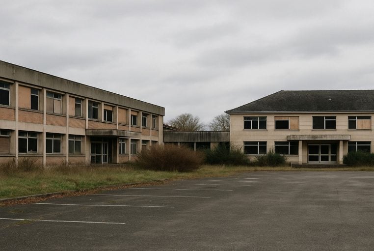 Ancien h&ocirc;pital abandonn&eacute; avec deux b&acirc;timents d&eacute;fra&icirc;chis autour d&rsquo;un parking vide envahi d&rsquo;herbes sous un ciel gris.