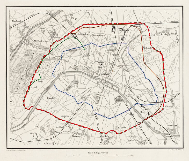 Une carte de Paris en 1859. &Agrave; l'int&eacute;rieur (en bleu), le mur des Fermiers g&eacute;n&eacute;raux. &Agrave; l'ext&eacute;rieur (en rouge), les fortifications de l'enceinte de Thiers. | J.M. Schomburg / CC BY-SA 3.0 / Wikimedia Commons