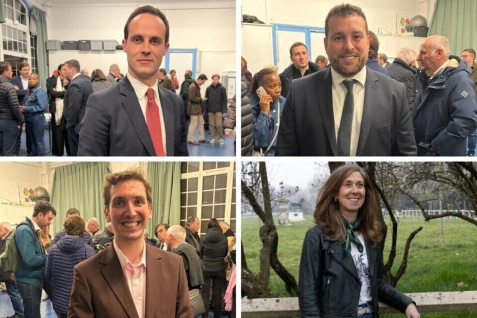 Les candidats au second tour des municipales &agrave; Maisons-Laffitte (Yvelines) sont, en haut de gauche &agrave; droite&thinsp;: Arthur Dehaene, Franck Leli&egrave;vre, Nicolas Ljubenovic, Val&eacute;rie Singer. &copy;Florian Provo ; transmise par Val&eacute;rie Singer