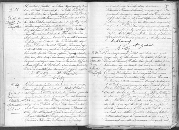 L'acte de d&eacute;c&egrave;s de Vincent Van Gogh, issu du registre d'&eacute;tat civil d'Auvers-sur-Oise, est conserv&eacute; aux archives d&eacute;partementales du Val-d'Oise.