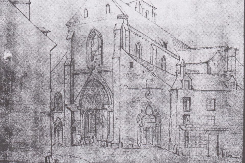 : Façade occidentale de Notre-Dame de Corbeil, dessin de J.-B. Jorand, avant 1820
